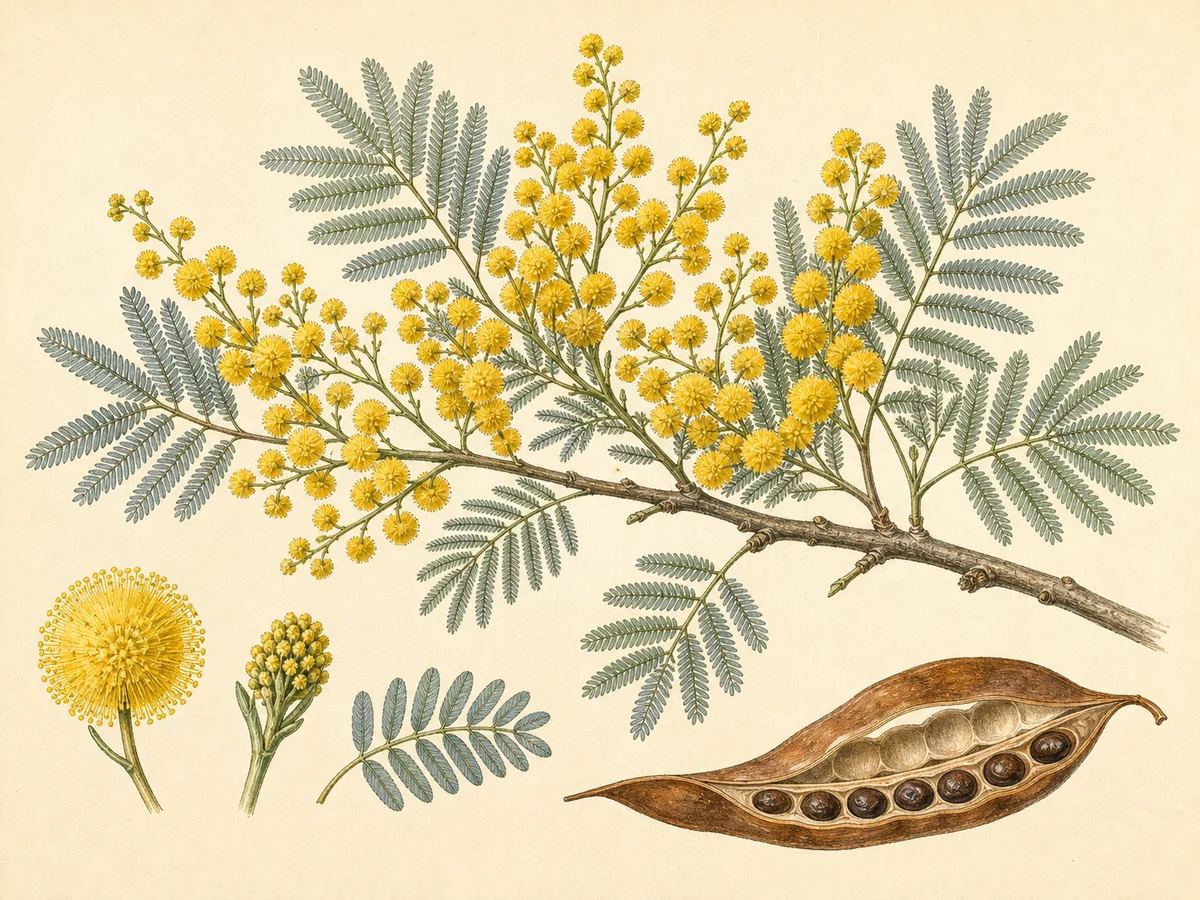 Prancha botânica complementar de Mimosa — não plantar (Acacia dealbata) com caracteres de identificação e ciclo de vida