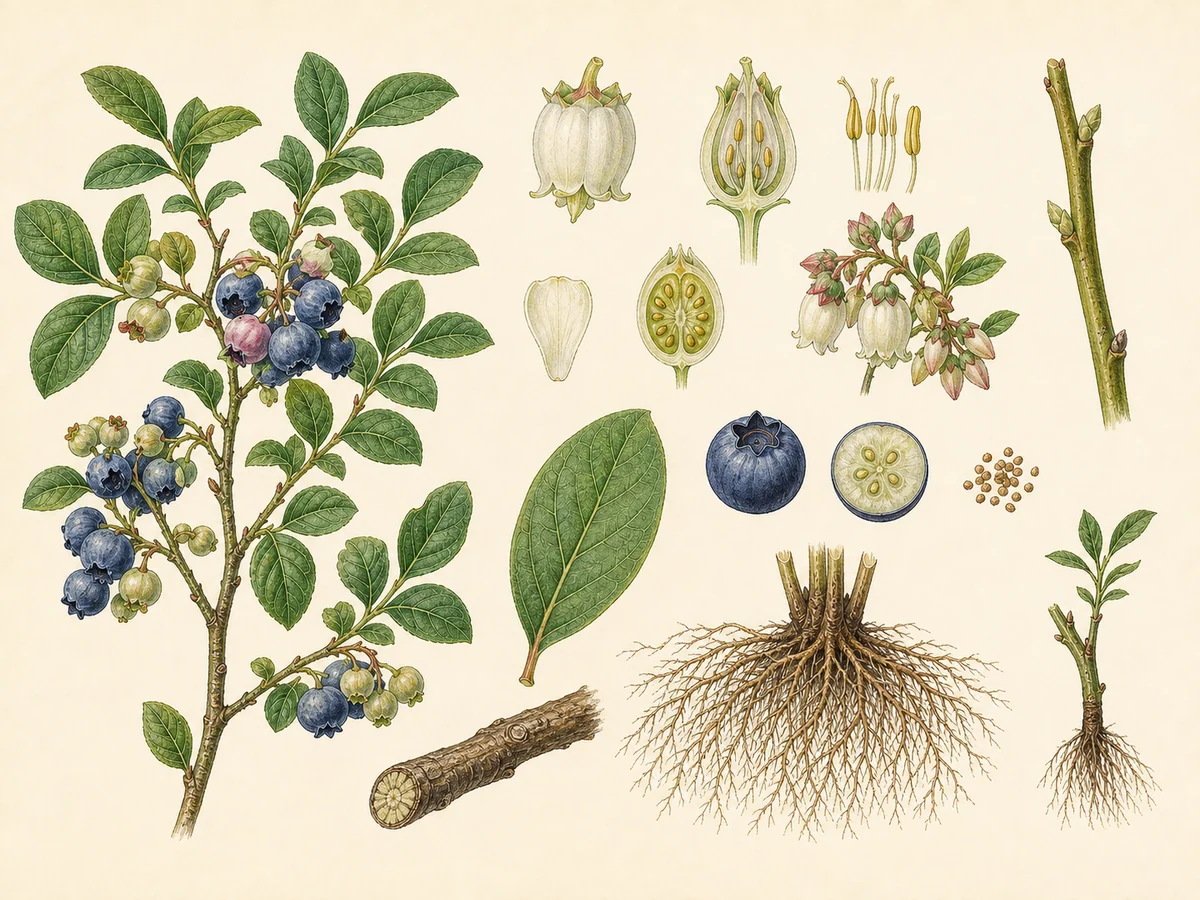 Prancha botânica complementar de Mirtilo-americano (Vaccinium corymbosum) com caracteres de identificação e ciclo de vida