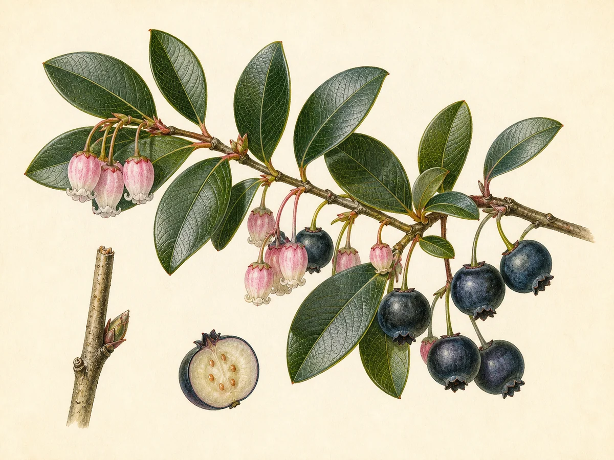 Prancha botânica complementar de Mirtilo da Madeira ‘Uveira da Serra’ (Vaccinium padifolium Sm. ‘Uveira da Serra’) com caracteres de identificação e ciclo de vida