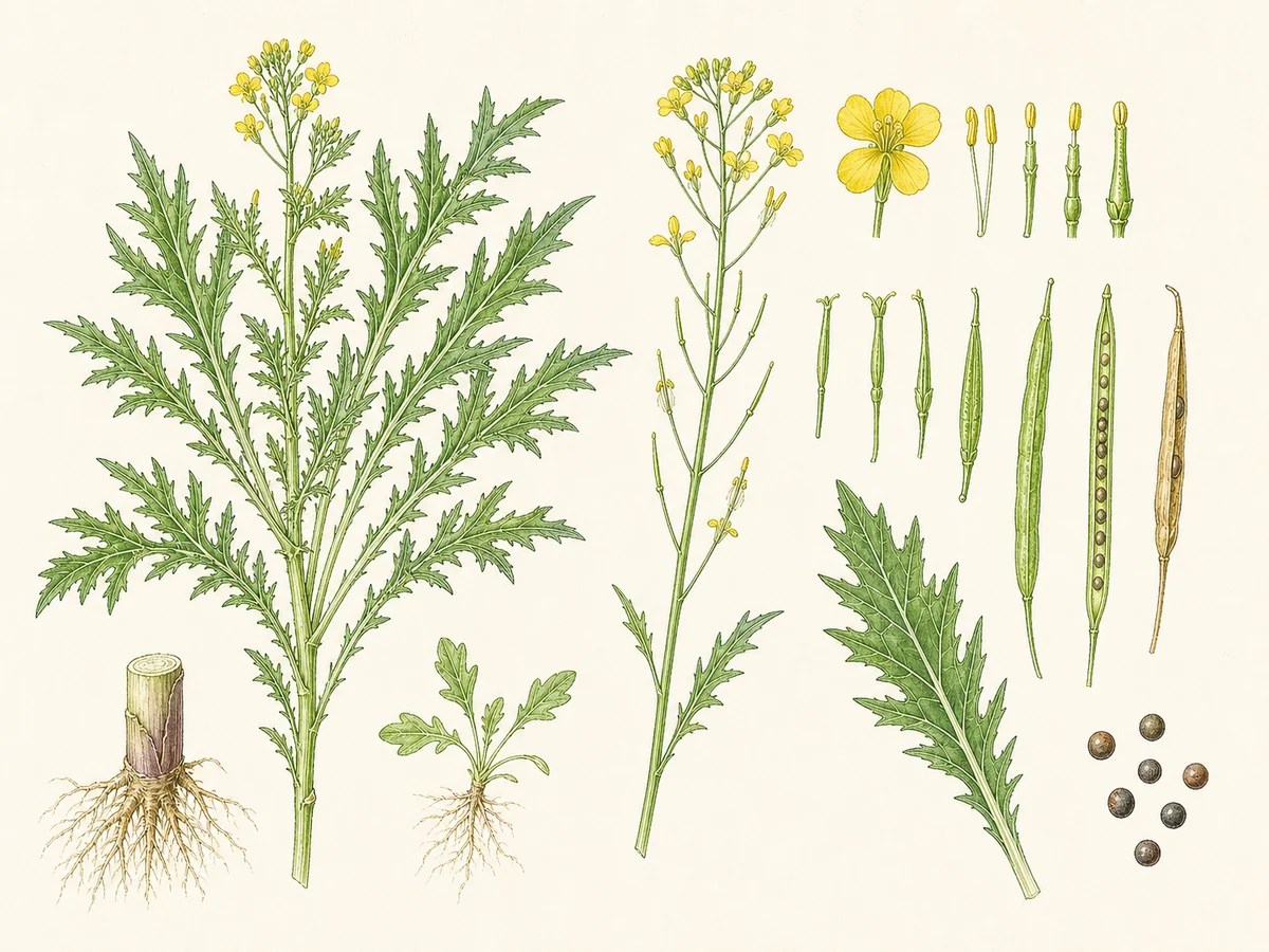 Prancha botânica complementar de Mizuna (Brassica rapa Nipposinica Group) com caracteres de identificação e ciclo de vida