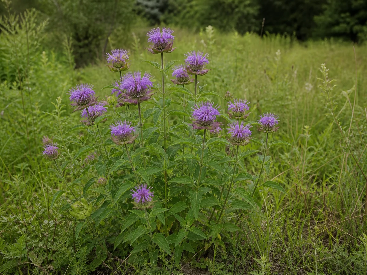 Prancha botânica complementar de Monarda-brava (Monarda fistulosa) com caracteres de identificação e ciclo de vida
