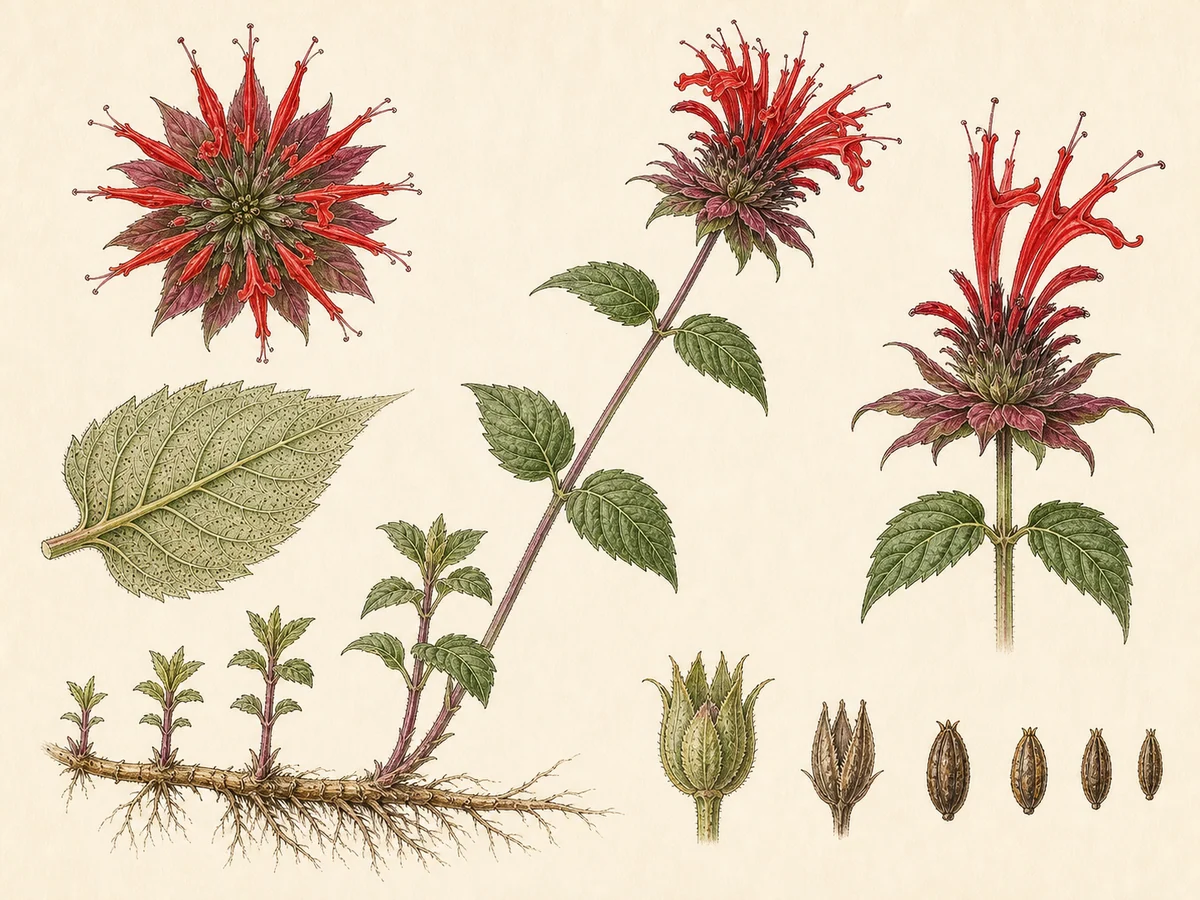 Prancha botânica complementar de Monarda (Monarda didyma) com caracteres de identificação e ciclo de vida