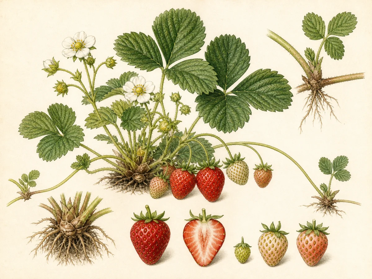Prancha botânica complementar de Morangueiro ‘UCD MOXIE’ (Fragaria L. ‘UCD MOXIE’) com caracteres de identificação e ciclo de vida