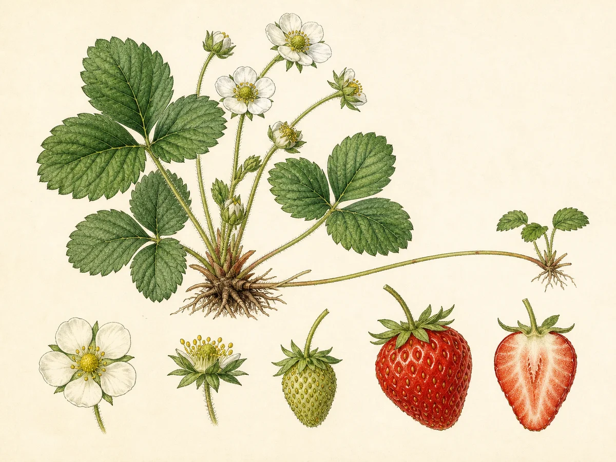 Prancha botânica complementar de Morangueiro ‘UCD ROYAL ROYCE’ (Fragaria L. ‘UCD ROYAL ROYCE’) com caracteres de identificação e ciclo de vida