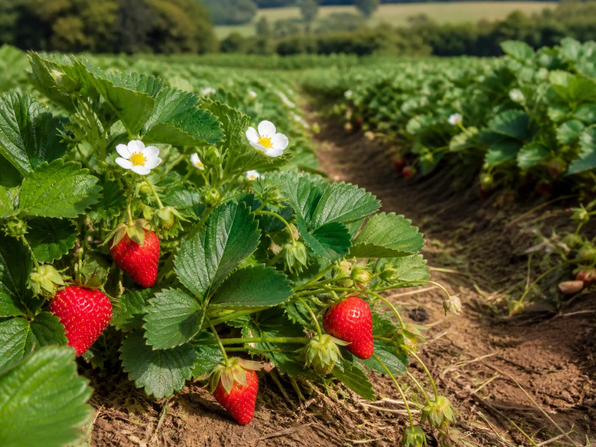 Prancha botânica complementar de Morangueiro ‘UCD VALIANT’ (Fragaria L. ‘UCD VALIANT’) com caracteres de identificação e ciclo de vida