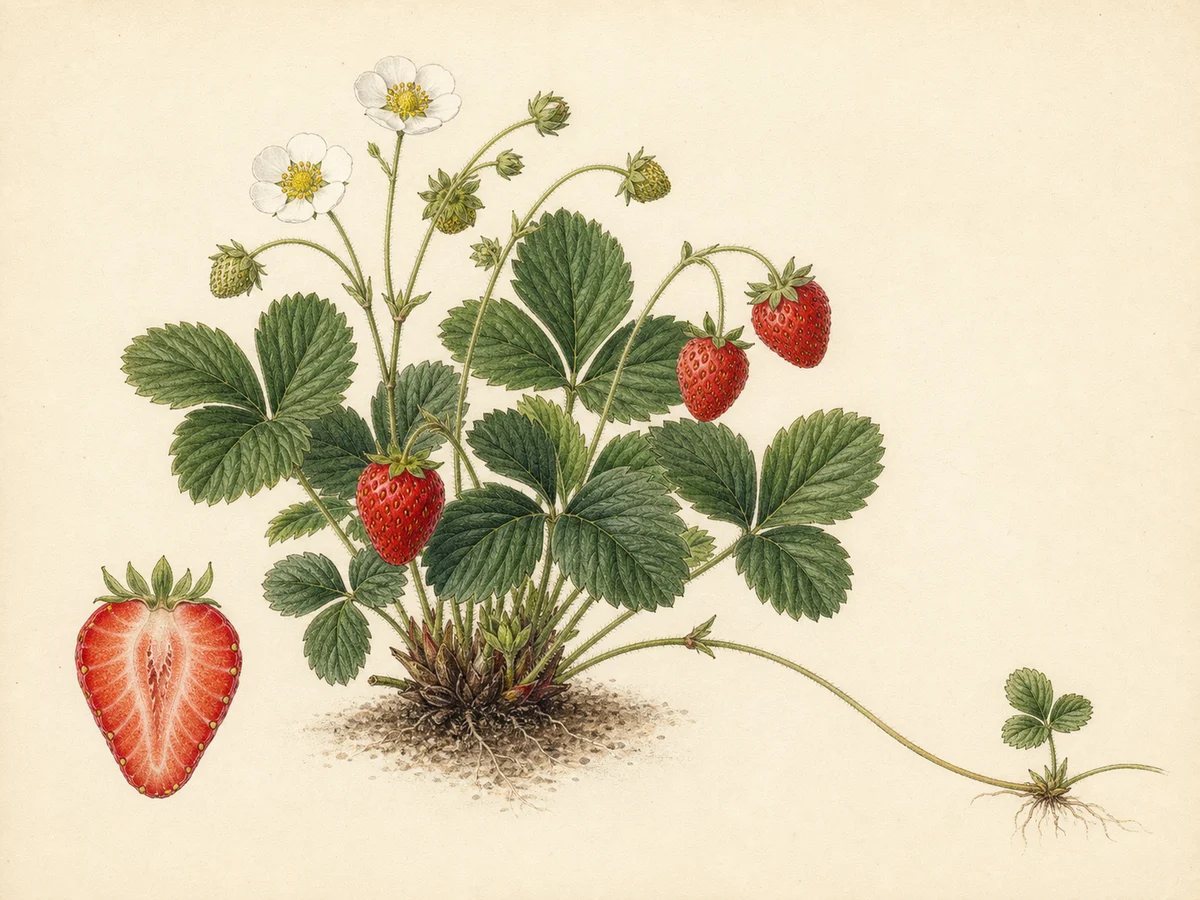 Prancha botânica complementar de Morangueiro ‘UCD WARRIOR’ (Fragaria L. ‘UCD WARRIOR’) com caracteres de identificação e ciclo de vida