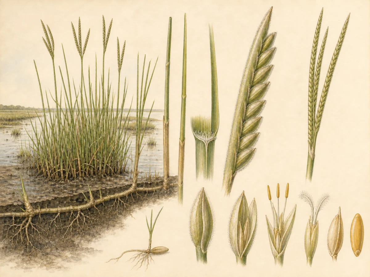 Prancha botânica complementar de Morraça (Spartina maritima) com caracteres de identificação e ciclo de vida