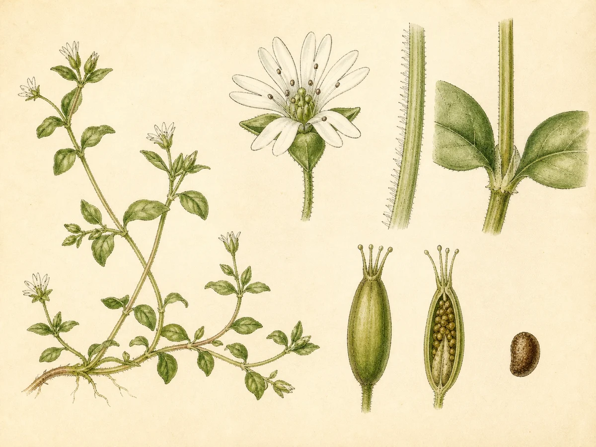 Prancha botânica complementar de Morugem-branca (Stellaria media) com caracteres de identificação e ciclo de vida