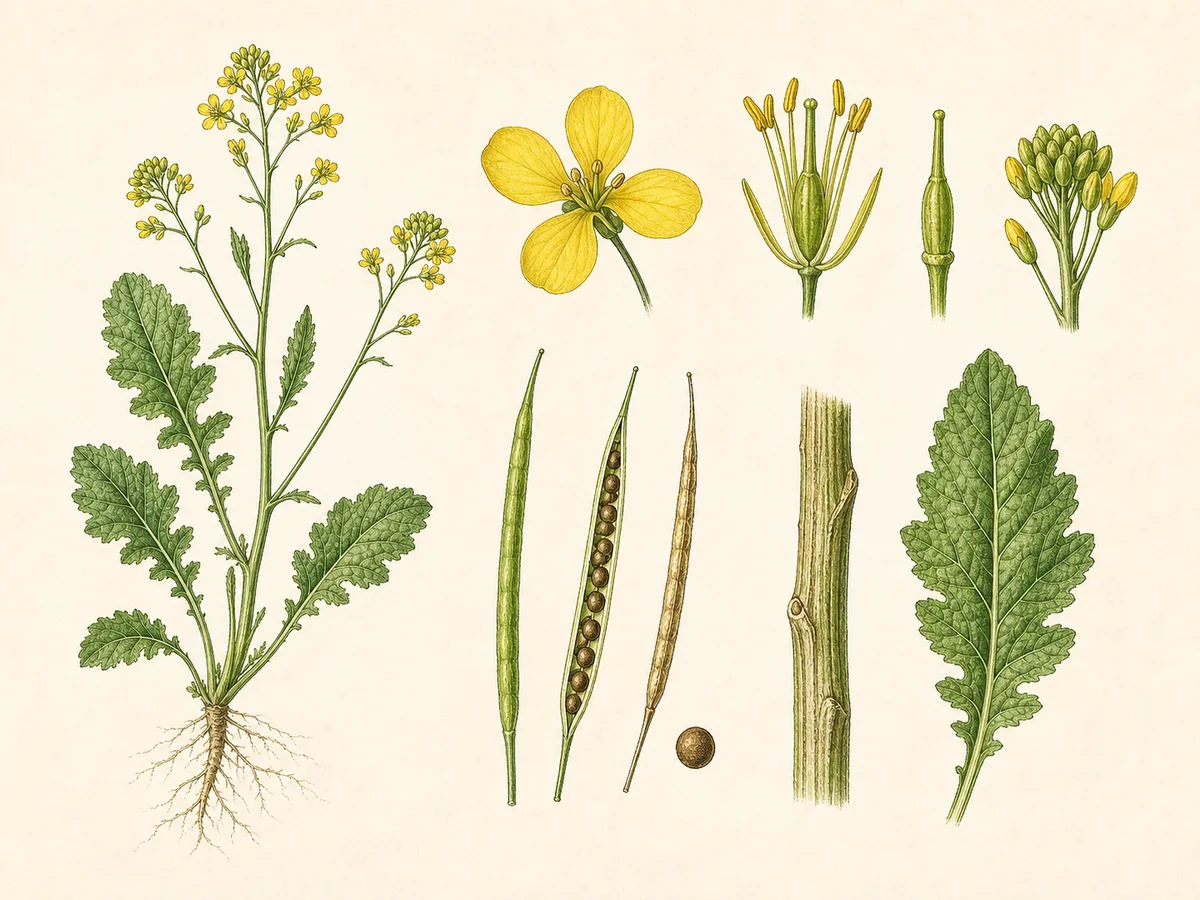 Prancha botânica complementar de Mostarda-de-folha (Brassica juncea) com caracteres de identificação e ciclo de vida
