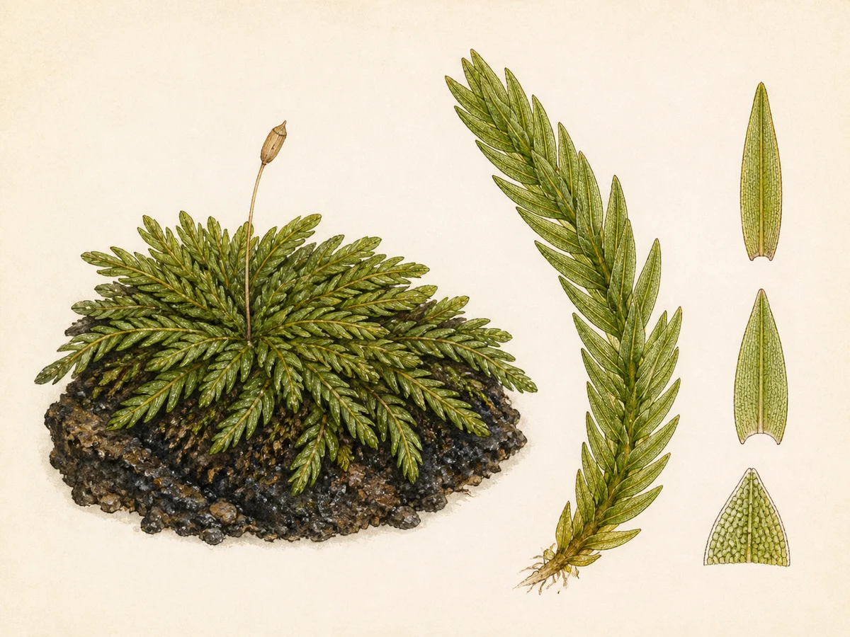 Prancha botânica complementar de Musgo-espada-da-Madeira (Bryoxiphium madeirense) com caracteres de identificação e ciclo de vida