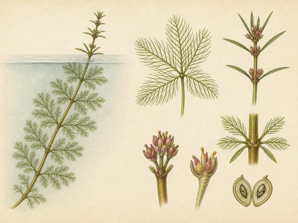 Prancha botânica complementar de Myriophyllum-de-folha-variável — não plantar (Myriophyllum heterophyllum) com caracteres de identificação e ciclo de vida