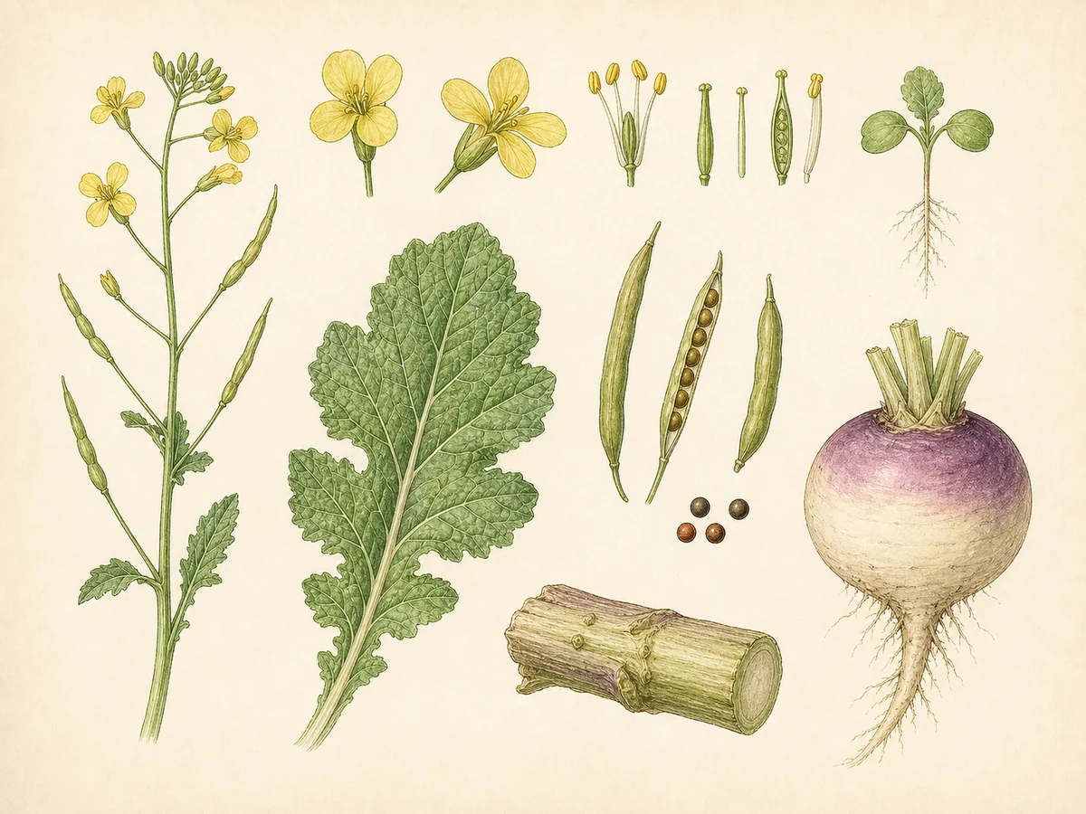 Prancha botânica complementar de Nabo (Brassica rapa subsp. rapa) com caracteres de identificação e ciclo de vida