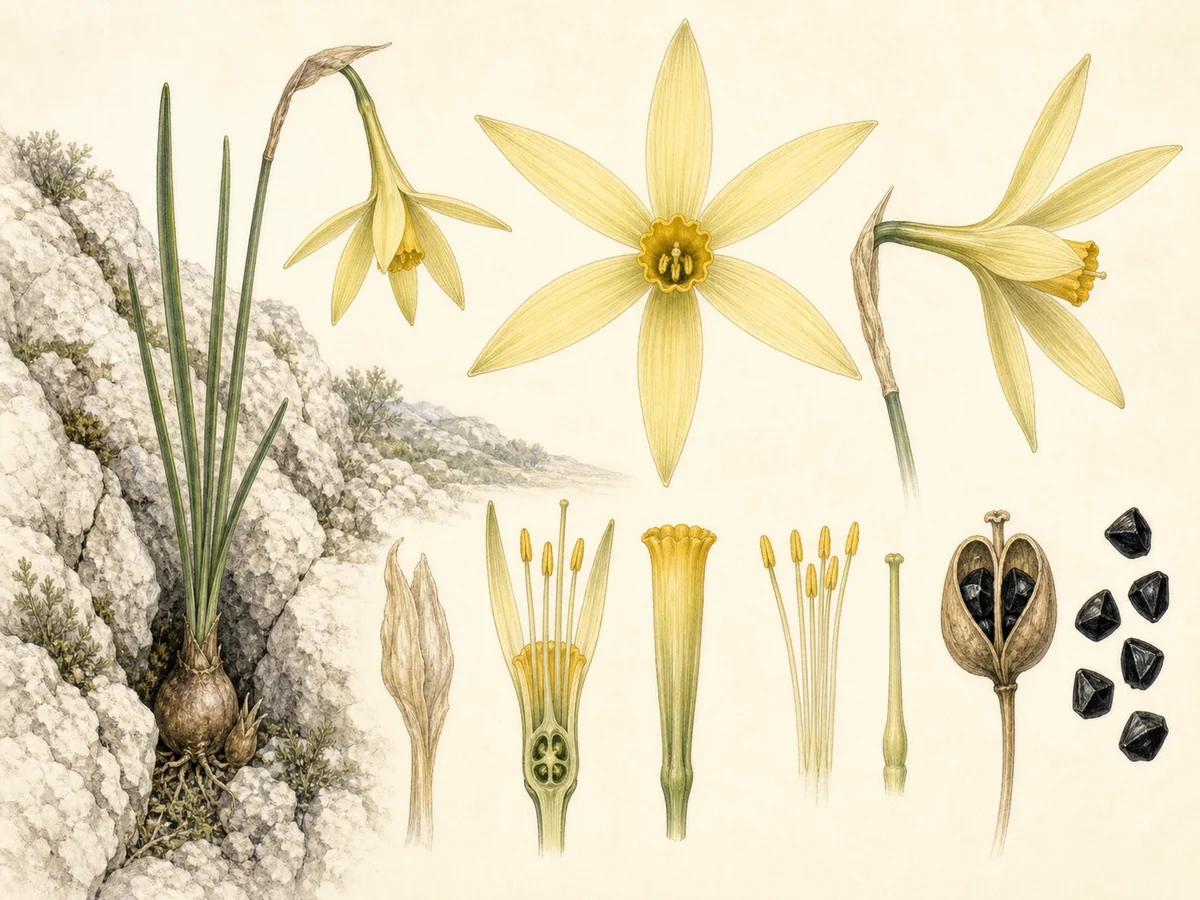 Prancha botânica complementar de Narciso-calcícola (Narcissus calcicola) com caracteres de identificação e ciclo de vida