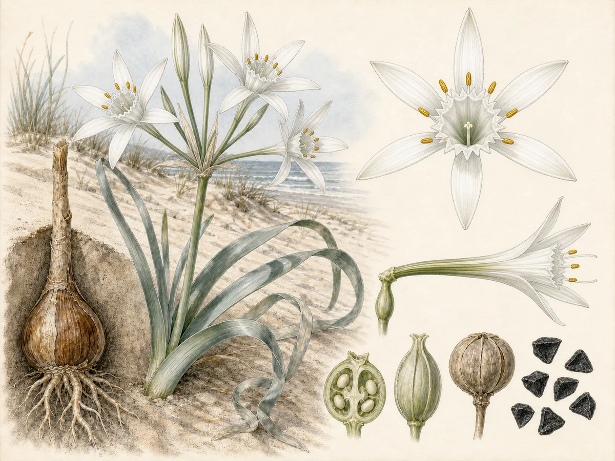 Prancha botânica complementar de Narciso-das-areias (Pancratium maritimum) com caracteres de identificação e ciclo de vida