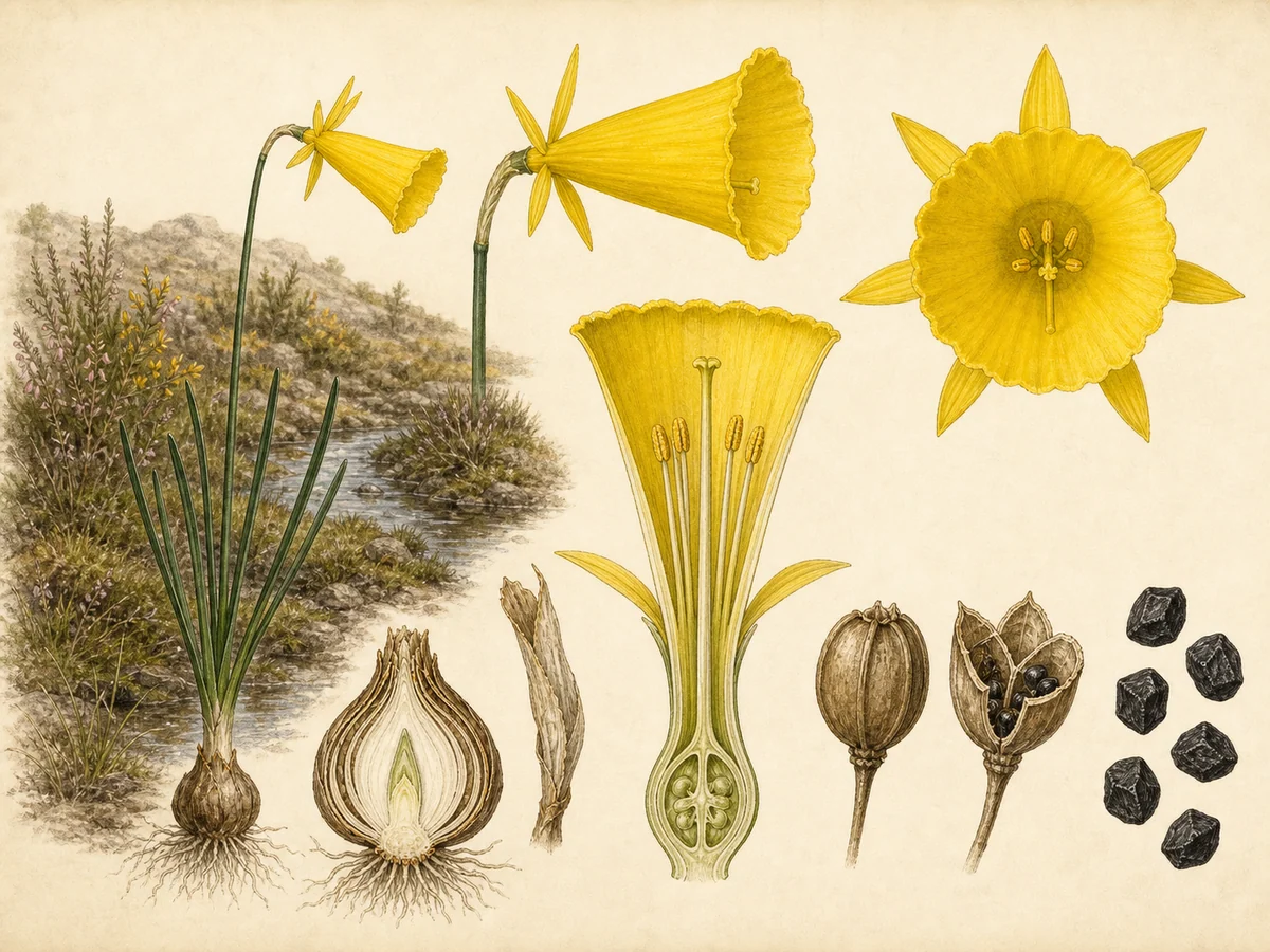 Prancha botânica complementar de Narciso-trombeta-pequena (Narcissus bulbocodium subsp. bulbocodium) com caracteres de identificação e ciclo de vida