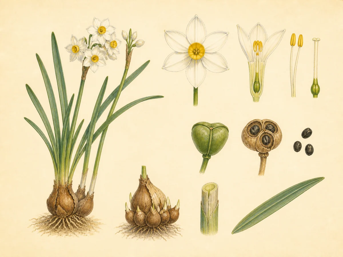 Prancha botânica complementar de Narciso-de-cheiro (Narcissus tazetta) com caracteres de identificação e ciclo de vida