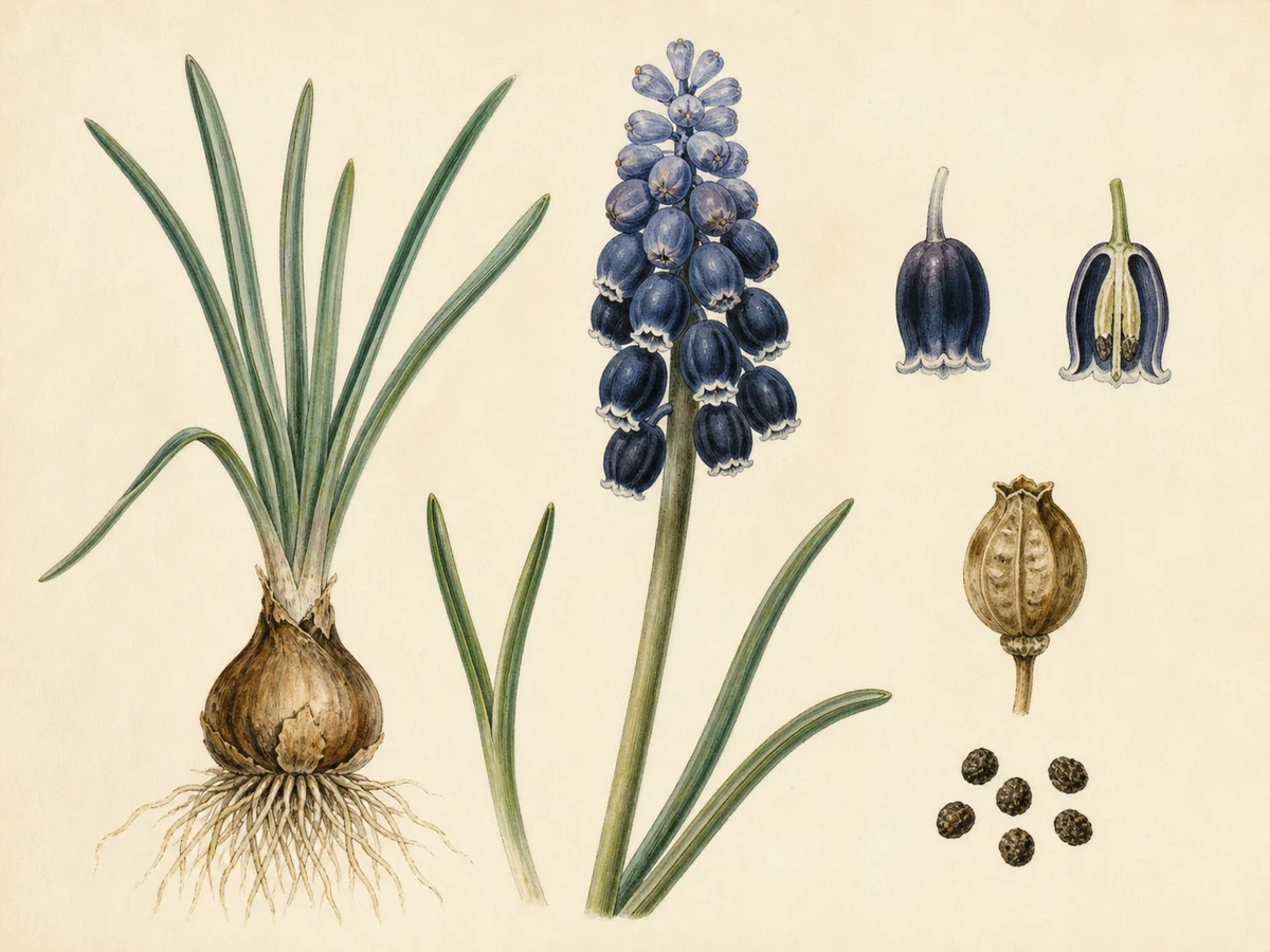 Prancha botânica complementar de Nazareno (Muscari neglectum) com caracteres de identificação e ciclo de vida