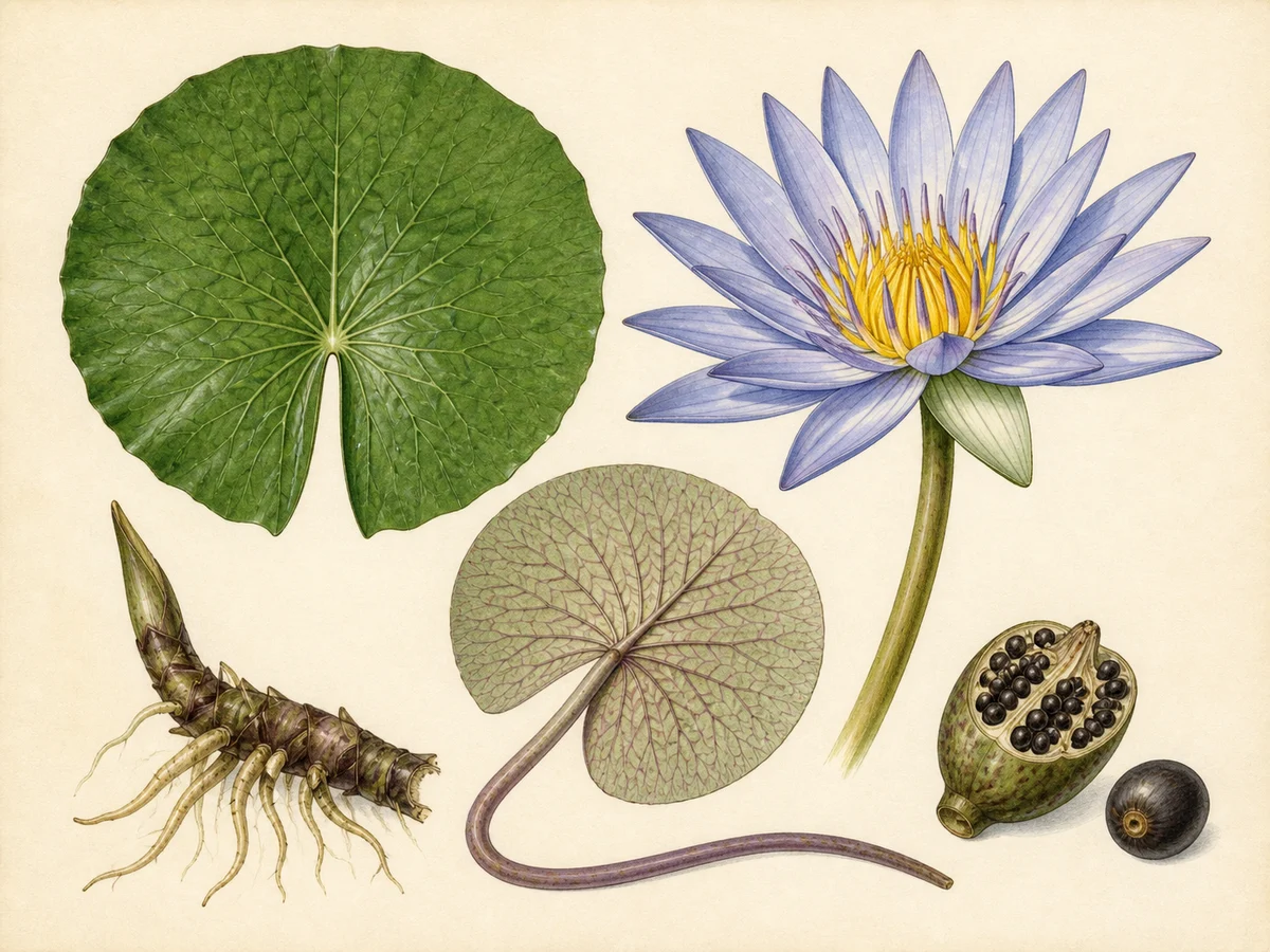 Prancha botânica complementar de Nenúfar-azul (Nymphaea nouchali var. caerulea) com caracteres de identificação e ciclo de vida