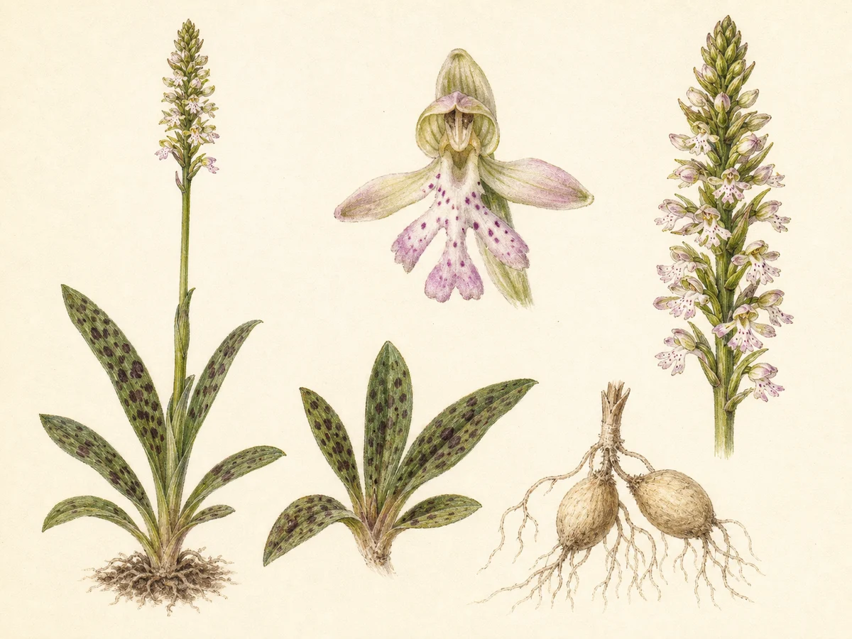 Prancha botânica complementar de Neotínea-maculada (Neotinea maculata) com caracteres de identificação e ciclo de vida