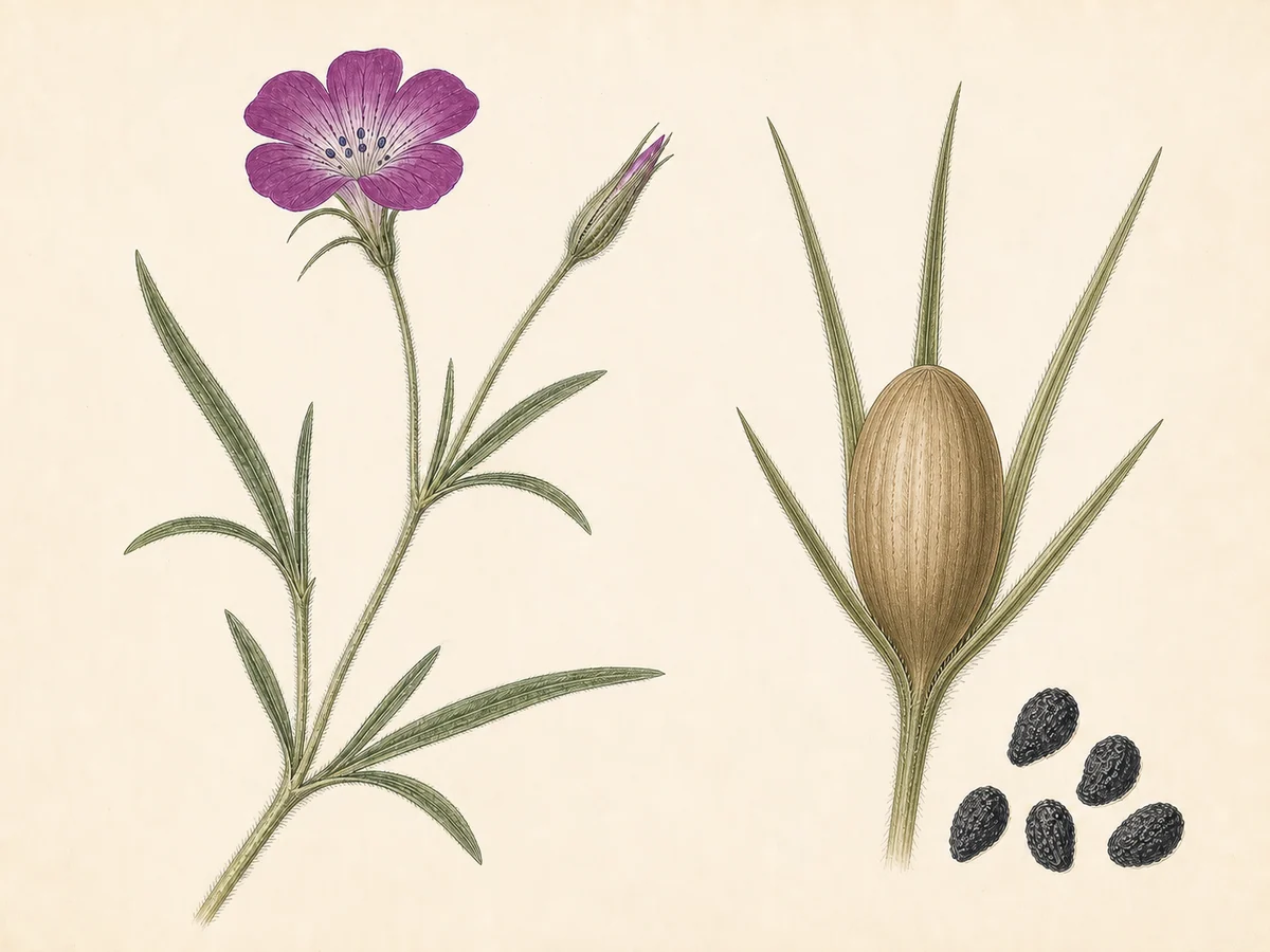 Prancha botânica complementar de Nigela-dos-trigos (Agrostemma githago) com caracteres de identificação e ciclo de vida