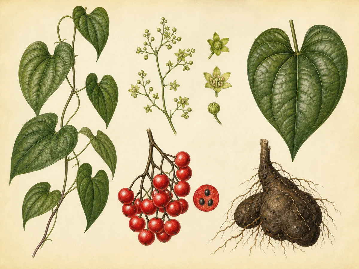 Prancha botânica complementar de Norça-preta (Dioscorea communis) com caracteres de identificação e ciclo de vida
