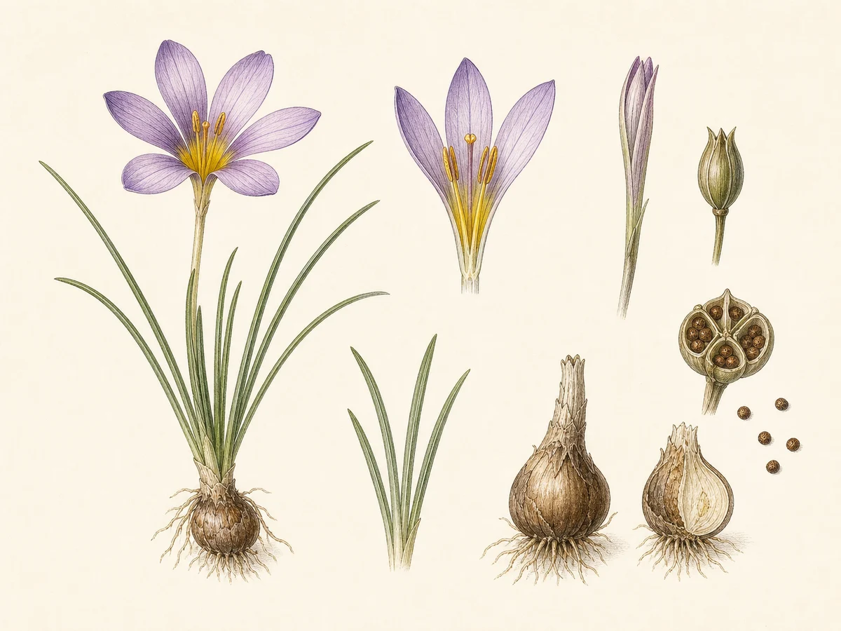 Prancha botânica complementar de Noselha-comum (Romulea bulbocodium) com caracteres de identificação e ciclo de vida