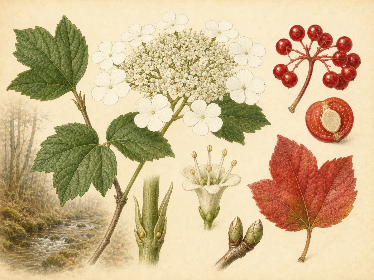 Prancha botânica complementar de Noveleiro (Viburnum opulus) com caracteres de identificação e ciclo de vida