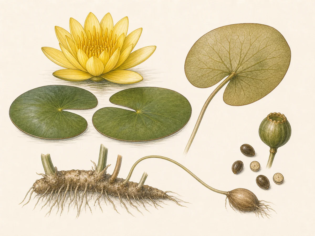 Prancha botânica complementar de Nymphaea mexicana — não plantar (Nymphaea mexicana) com caracteres de identificação e ciclo de vida