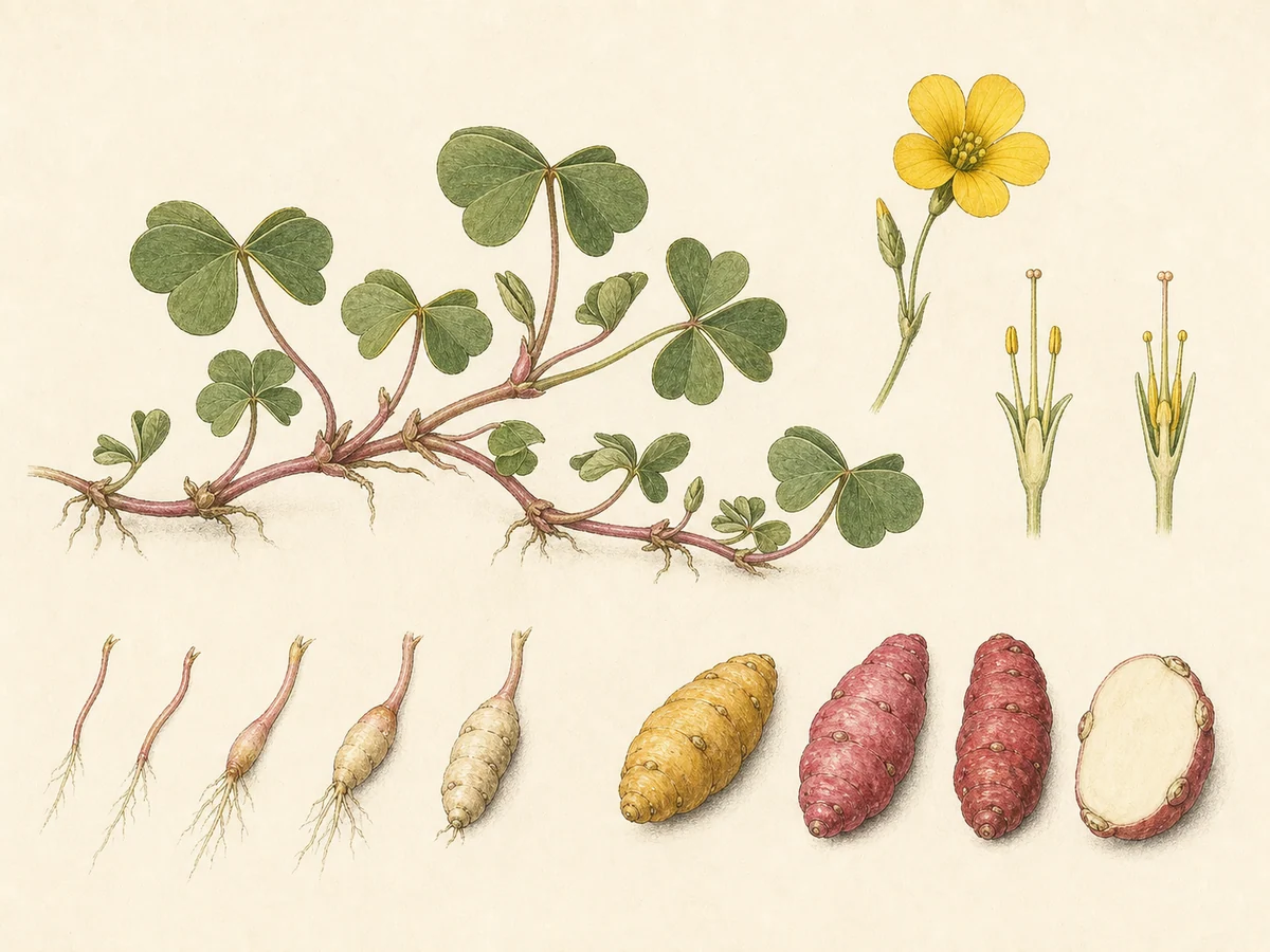 Prancha botânica complementar de Oca (Oxalis tuberosa) com caracteres de identificação e ciclo de vida