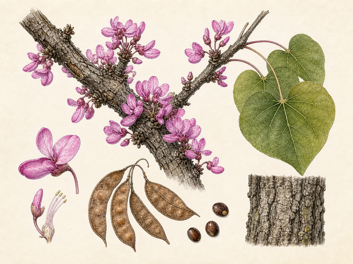 Prancha botânica complementar de Olaia (Cercis siliquastrum) com caracteres de identificação e ciclo de vida