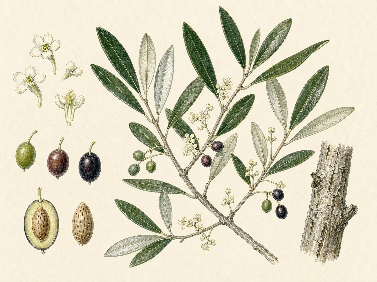 Prancha botânica complementar de Oliveira-brava-da-Madeira (Olea europaea subsp. cerasiformis) com caracteres de identificação e ciclo de vida