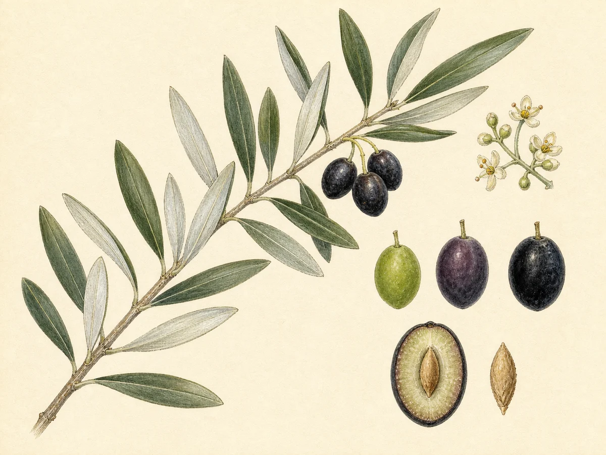 Prancha botânica complementar de Oliveira ‘Carrasca Molar’ (Olea europaea L. ‘Carrasca Molar’) com caracteres de identificação e ciclo de vida