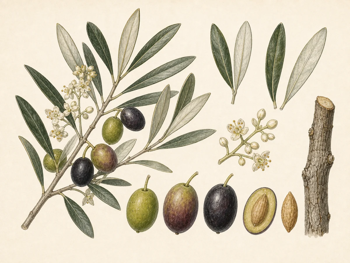 Prancha botânica complementar de Oliveira ‘Carrasca’ (Olea europaea L. ‘Carrasca’) com caracteres de identificação e ciclo de vida