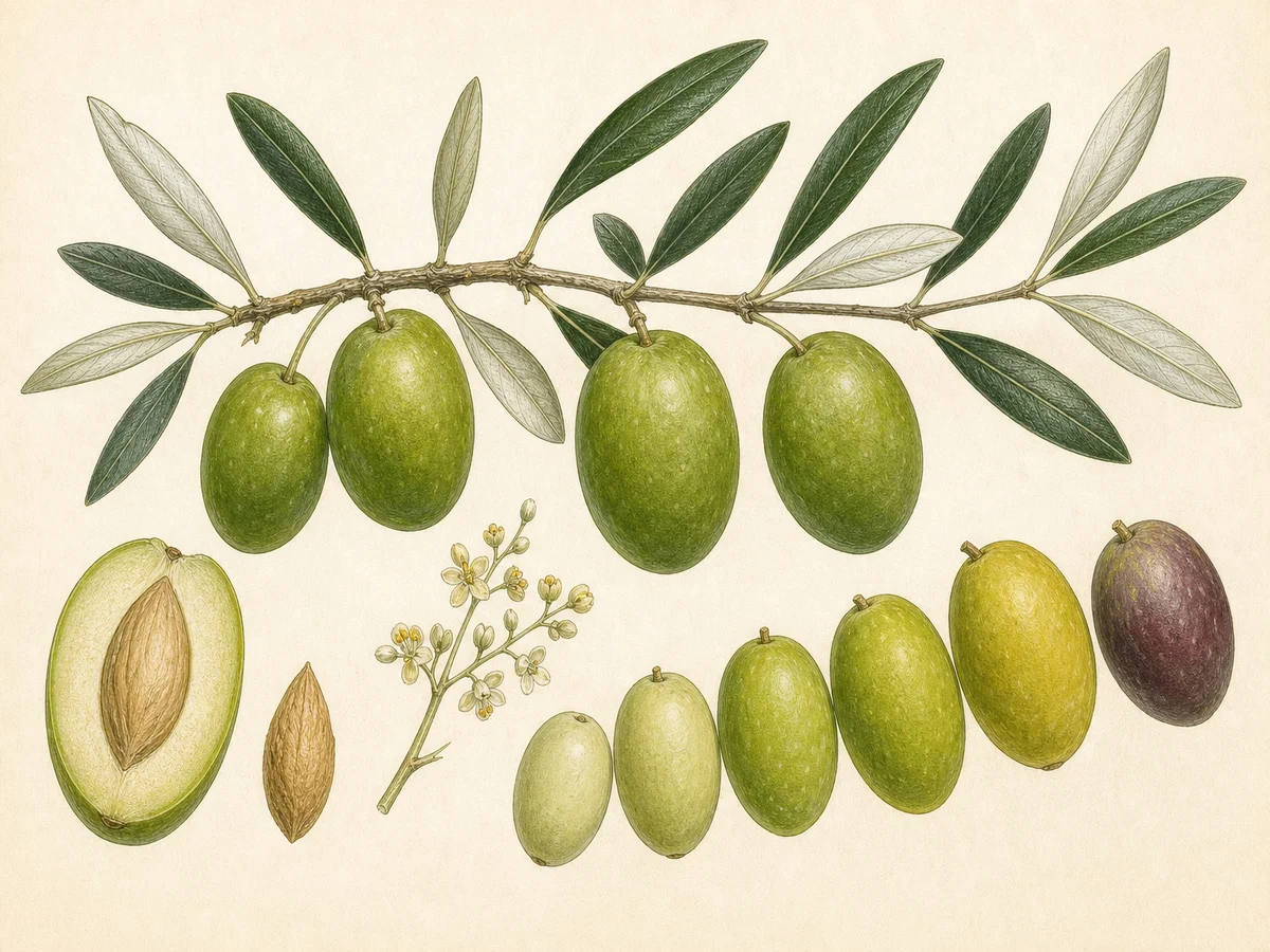 Prancha botânica complementar de Oliveira ‘Carraspana’ (Olea europaea L. ‘Carraspana’) com caracteres de identificação e ciclo de vida