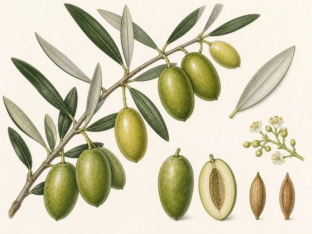 Prancha botânica complementar de Oliveira ‘Carrasquenha Azuladinha’ (Olea europaea L. ‘Carrasquenha Azuladinha’) com caracteres de identificação e ciclo de vida