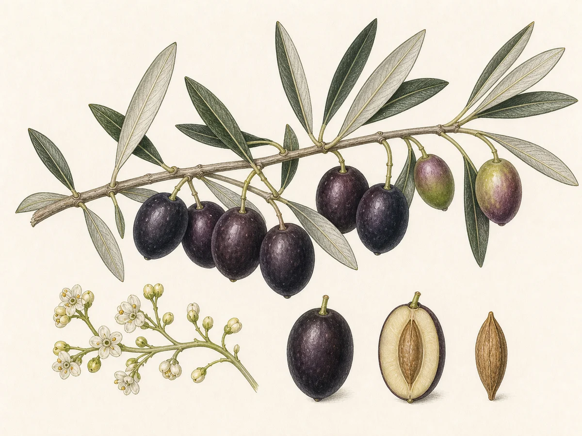 Prancha botânica complementar de Oliveira ‘Carrasquenha de Elvas’ (Olea europaea L. ‘Carrasquenha de Elvas’) com caracteres de identificação e ciclo de vida