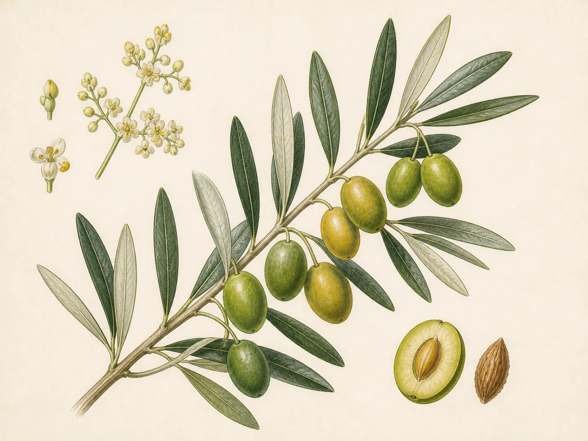 Prancha botânica complementar de Oliveira ‘Carrasquinha’ (Olea europaea L. ‘Carrasquinha’) com caracteres de identificação e ciclo de vida