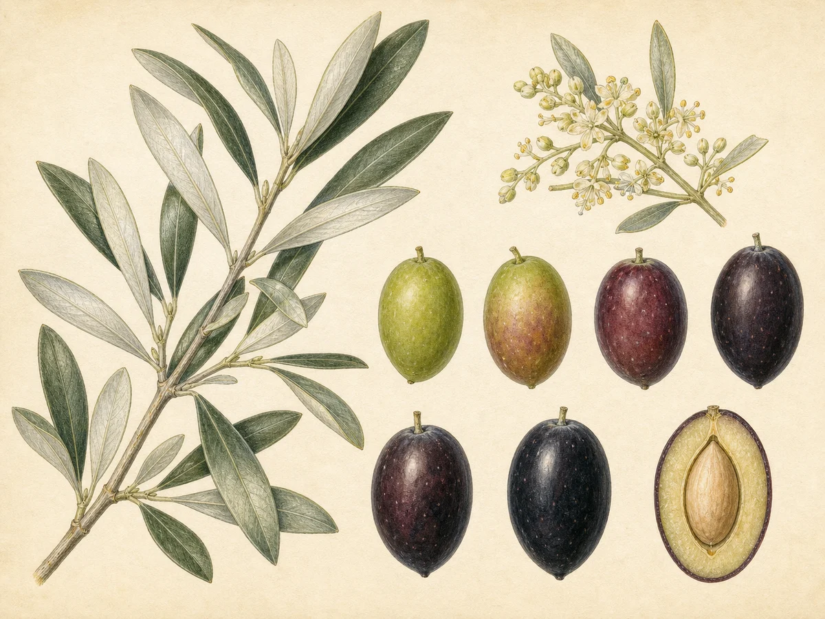 Prancha botânica complementar de Oliveira ‘Cérola’ (Olea europaea L. ‘Cérola’) com caracteres de identificação e ciclo de vida