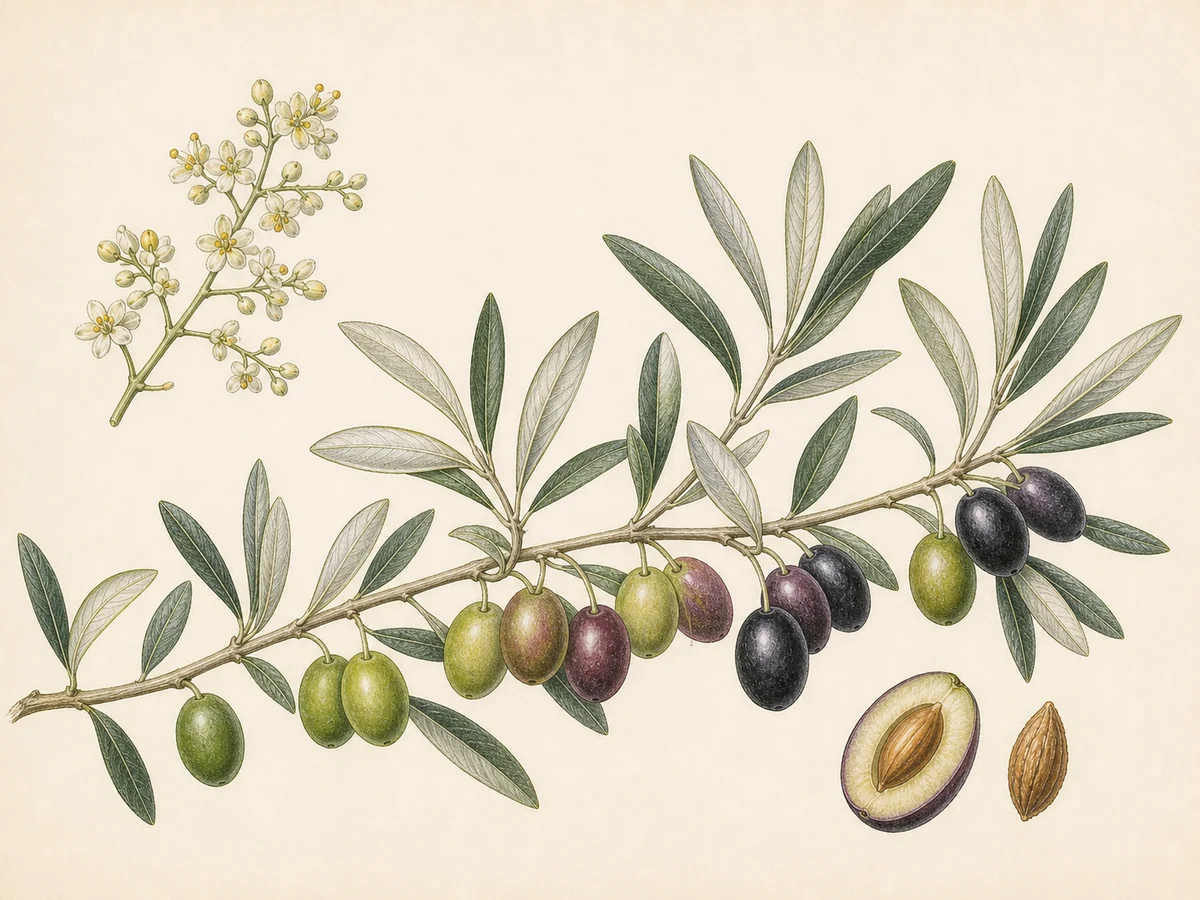 Prancha botânica complementar de Oliveira ‘Cordovesa’ (Olea europaea L. ‘Cordovesa’) com caracteres de identificação e ciclo de vida