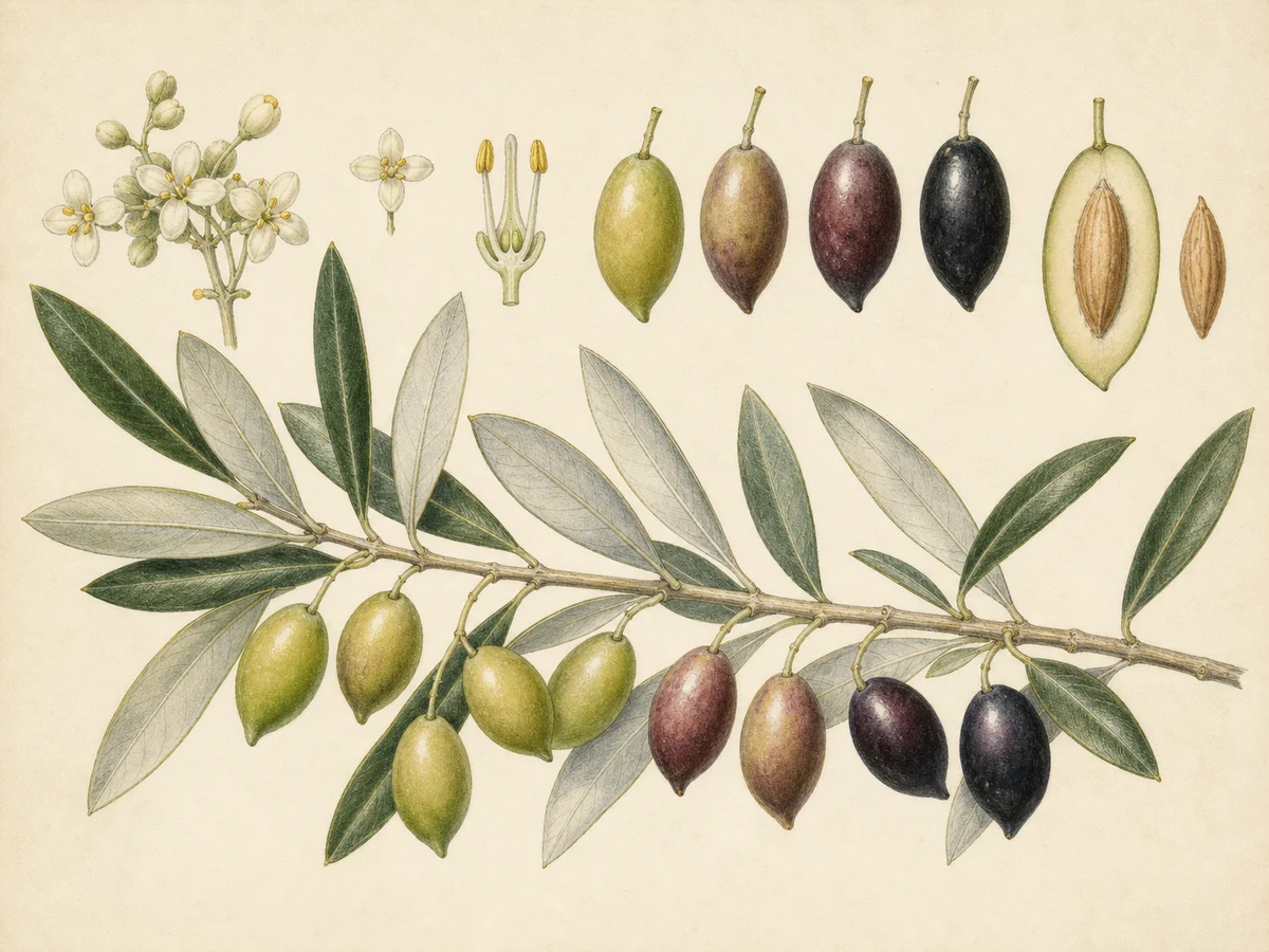 Prancha botânica complementar de Oliveira ‘Cordovil Branco’ (Olea europaea L. ‘Cordovil Branco’) com caracteres de identificação e ciclo de vida