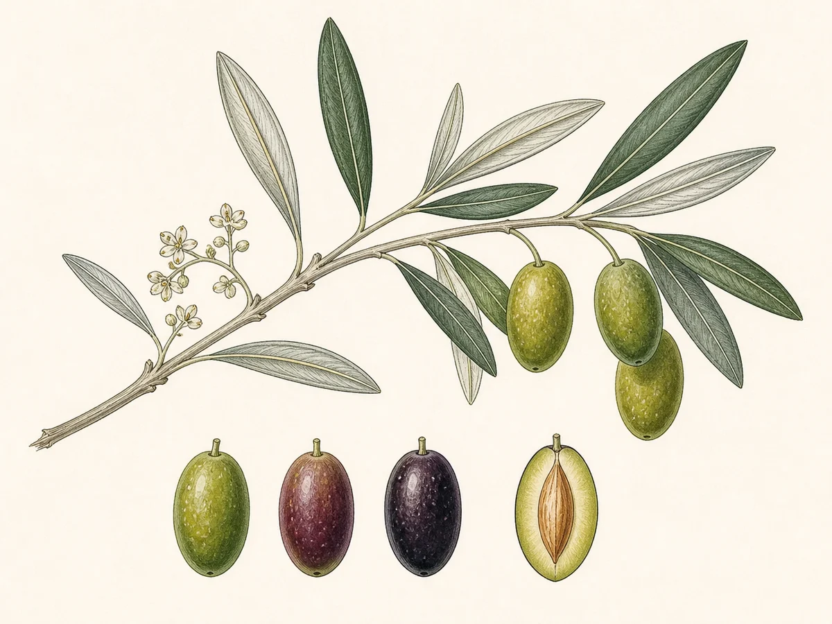 Prancha botânica complementar de Oliveira ‘Cordovil de Castelo Branco’ (Olea europaea L. ‘Cordovil de Castelo Branco’) com caracteres de identificação e ciclo de vida