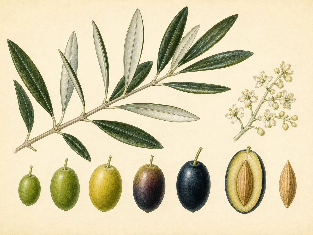 Prancha botânica complementar de Oliveira ‘Cordovil de Elvas’ (Olea europaea L. ‘Cordovil de Elvas’) com caracteres de identificação e ciclo de vida