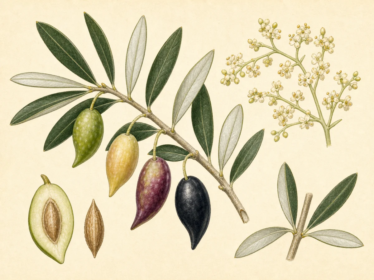 Prancha botânica complementar de Oliveira Cordovil de Serpa (Olea europaea 'Cordovil de Serpa') com caracteres de identificação e ciclo de vida