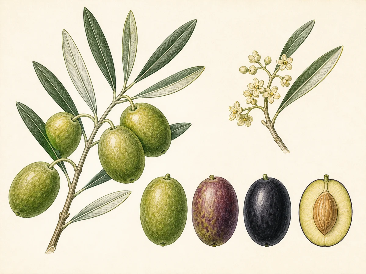 Prancha botânica complementar de Oliveira ‘Cordovil Grosso’ (Olea europaea L. ‘Cordovil Grosso’) com caracteres de identificação e ciclo de vida