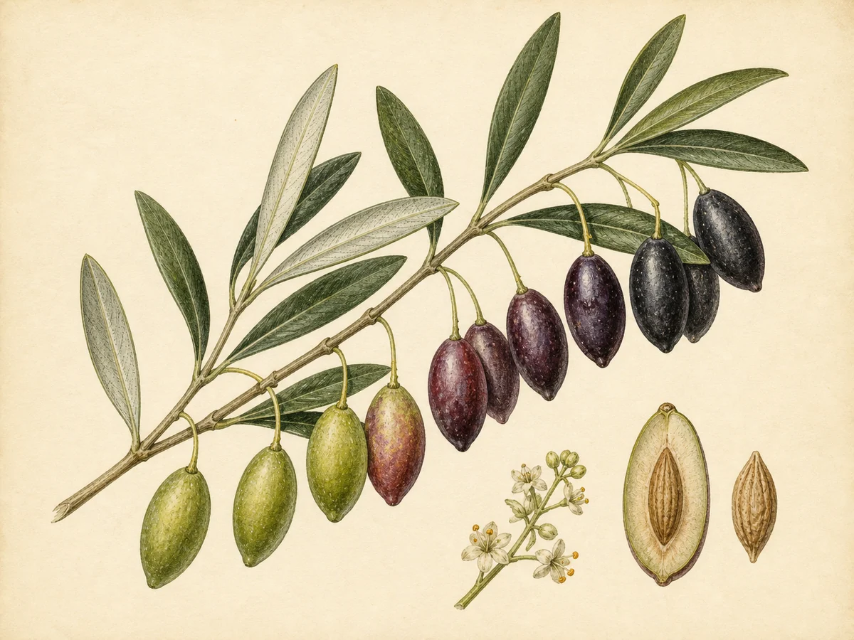Prancha botânica complementar de Oliveira ‘Cornicabra’ (Olea europaea L. ‘Cornicabra’) com caracteres de identificação e ciclo de vida