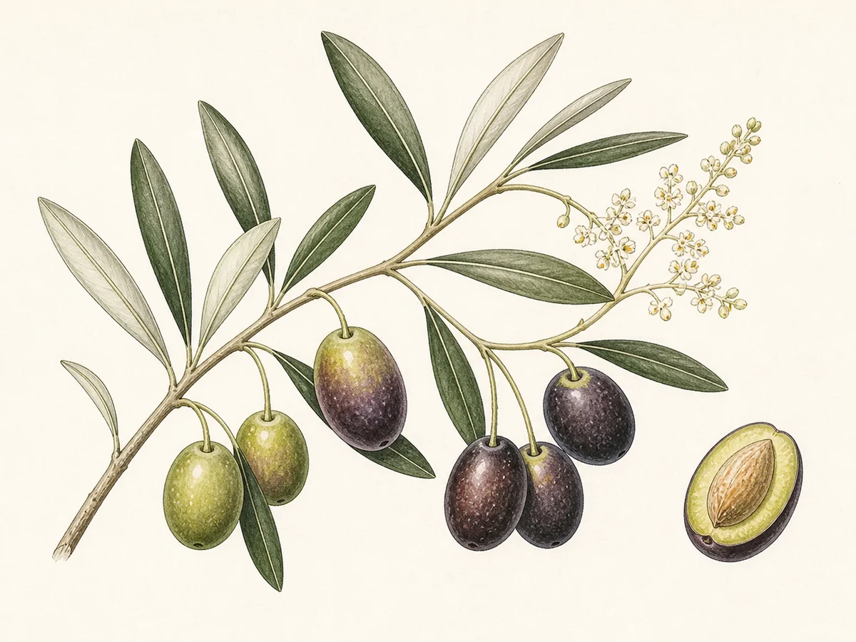 Prancha botânica complementar de Oliveira ‘Grainheira’ (Olea europaea L. ‘Grainheira’) com caracteres de identificação e ciclo de vida
