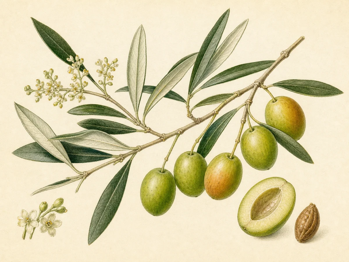Prancha botânica complementar de Oliveira ‘Gulosinha’ (Olea europaea L. ‘Gulosinha’) com caracteres de identificação e ciclo de vida