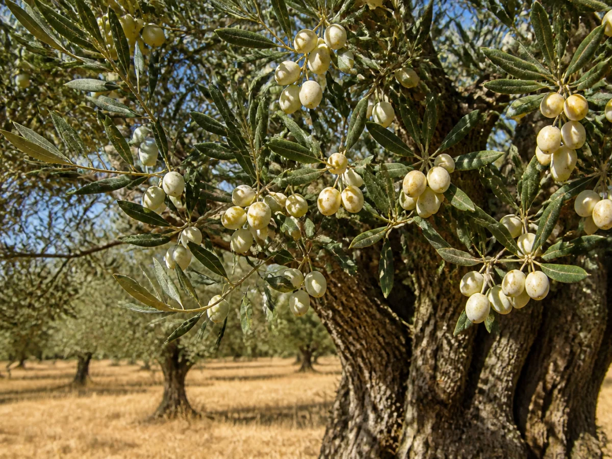 Prancha botânica complementar de Oliveira ‘Leucocarpa’ (Olea europaea L. ‘Leucocarpa’) com caracteres de identificação e ciclo de vida