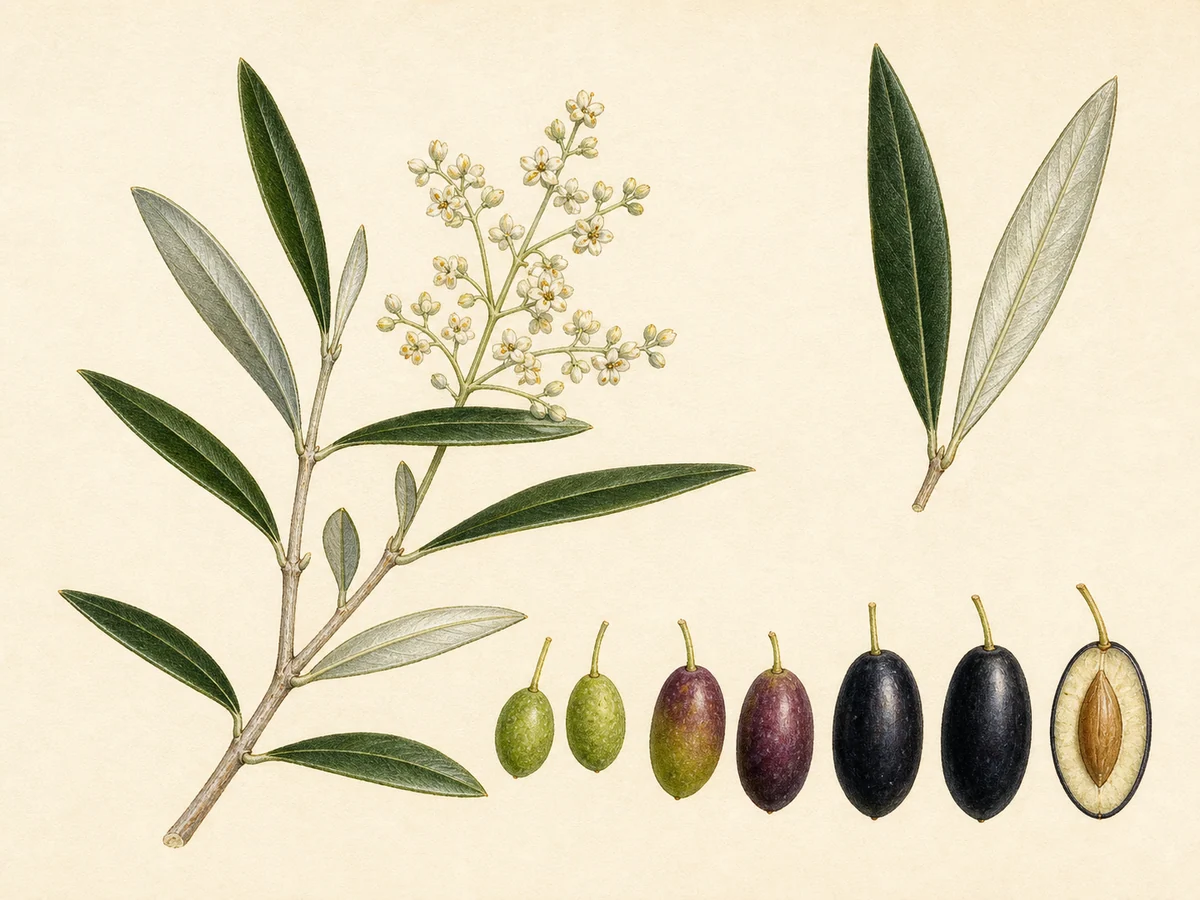 Prancha botânica complementar de Oliveira ‘Linguiçeira’ (Olea europaea L. ‘Linguiçeira’) com caracteres de identificação e ciclo de vida