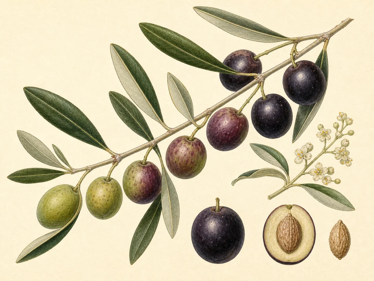 Prancha botânica complementar de Oliveira ‘Maçanilha Algarvia’ (Olea europaea L. ‘Maçanilha Algarvia’) com caracteres de identificação e ciclo de vida